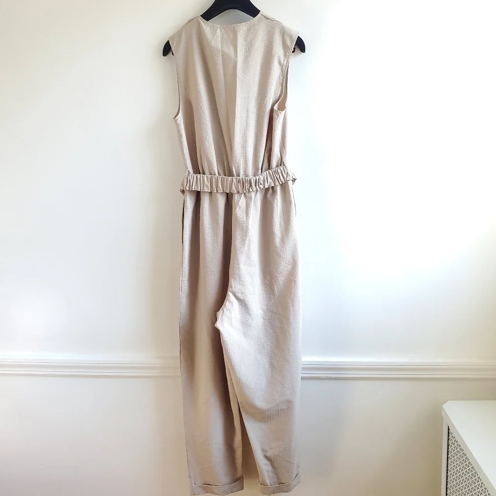 New Zara Textured Linen Blend V-Neck Sleeveless Belted Tan Jumpsuit NWT Size M